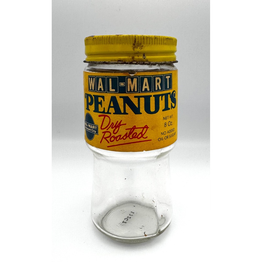 Vintage 1970s Wal-Mart Peanuts Jar | Rare Discount City Logo 8oz Yellow Cap